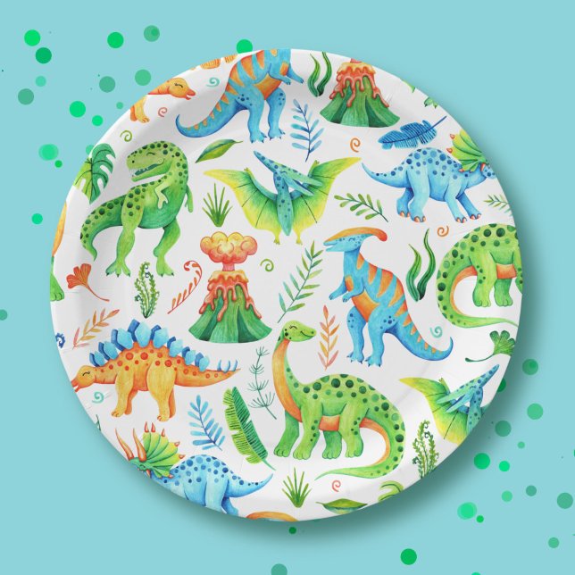 Plato De Papel Boy Dino Fiesta T rex, Stegosaurus, Triceratops (Watercolor Dinosaurs Green, Orange, Blue Paper Plates)