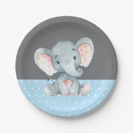 Plato De Papel Boy Elephant Baby Shower azul y gris