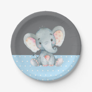 Plato De Papel Boy Elephant Baby Shower azul y gris