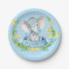 Plato De Papel Boy Elephant Baby Shower Blue