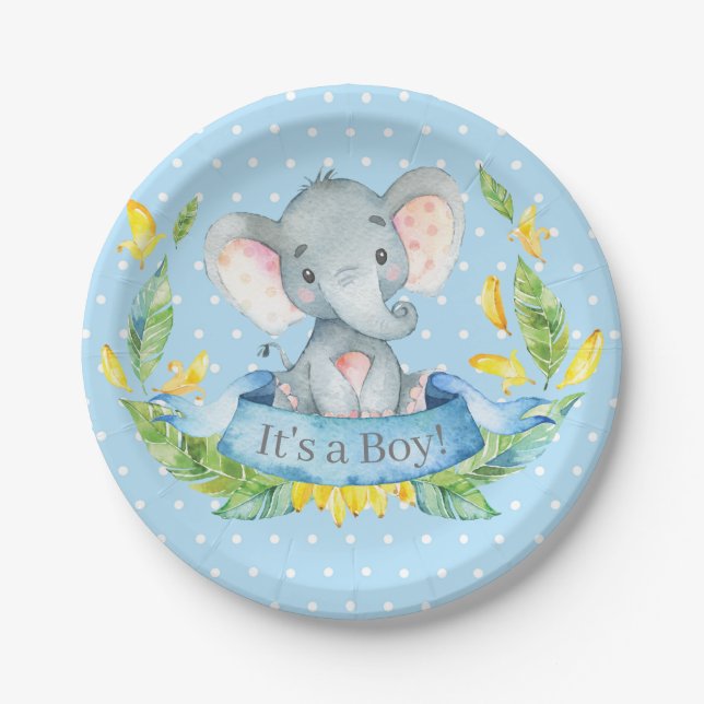Plato De Papel Boy Elephant Baby Shower Blue (Anverso)