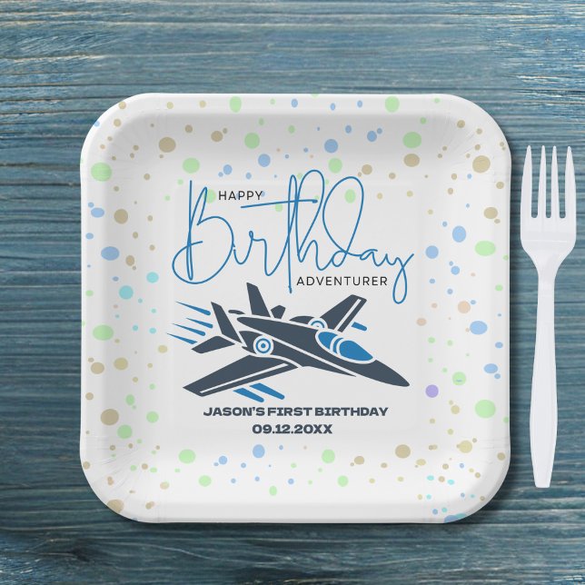 Plato De Papel Boy First Birday Jet Fighist Airplane Blue White (Subido por el creador)