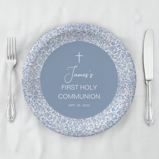 Plato De Papel Boy First Communion Blue and White Floral Pattern (Subido por el creador)
