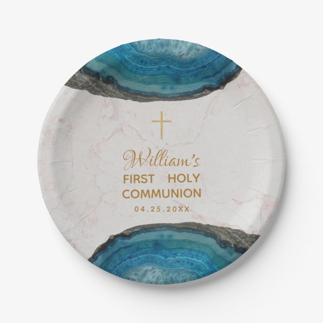 Plato De Papel Boy First Communition Blue Geode Marble Gold Cross (Anverso)