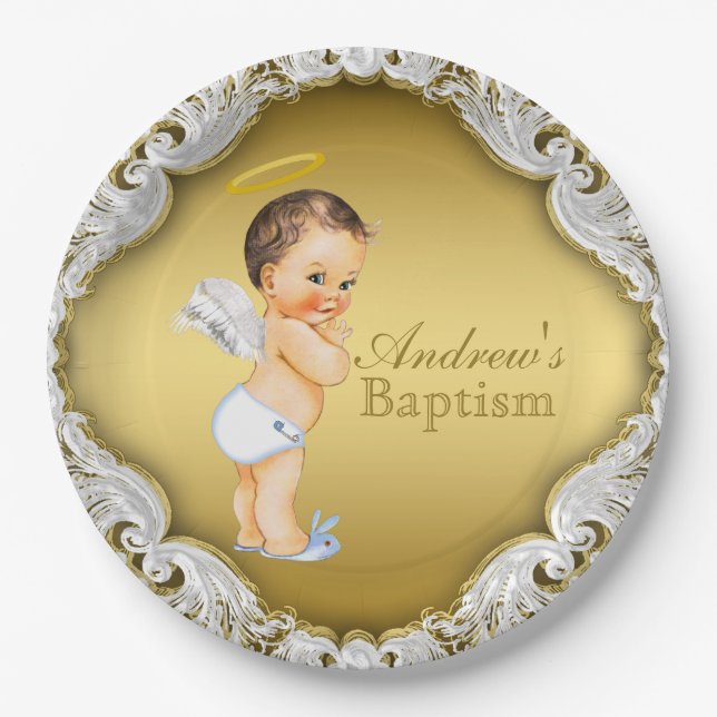 Plato De Papel Boy Gold Angel Baptism Christening (Anverso)