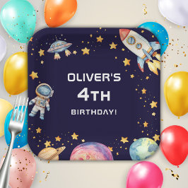 Plato De Papel Boy Modern Space Rocket Ship Birthday Party