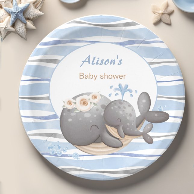 Plato De Papel Boy Nautical Whale Baby Shower (Boy Nautical Whale Baby Shower Paper Plates)