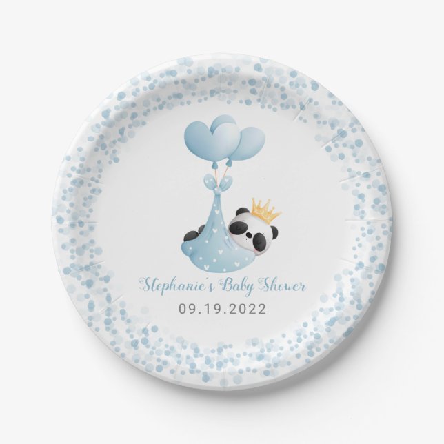 Plato De Papel Boy Panda `Bear Blue Balloon Baby Shower (Anverso)