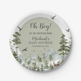 Plato De Papel Boy Pine Tree Forest Mountain Baby Shower