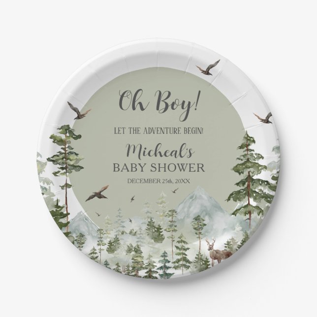 Plato De Papel Boy Pine Tree Forest Mountain Baby Shower (Anverso)