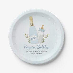 Plato De Papel Boy Poppin Botellas Baby Shower Blue