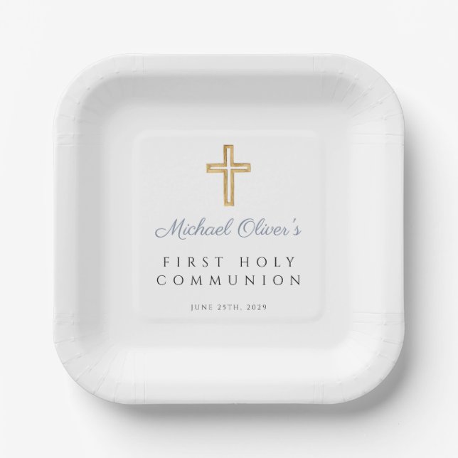 Plato De Papel Boy Religion Cross Dusty Blue First Communiation (Anverso)