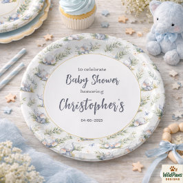 Plato De Papel Boy’s Elephant Watercolor Baby Shower –Blue Safari