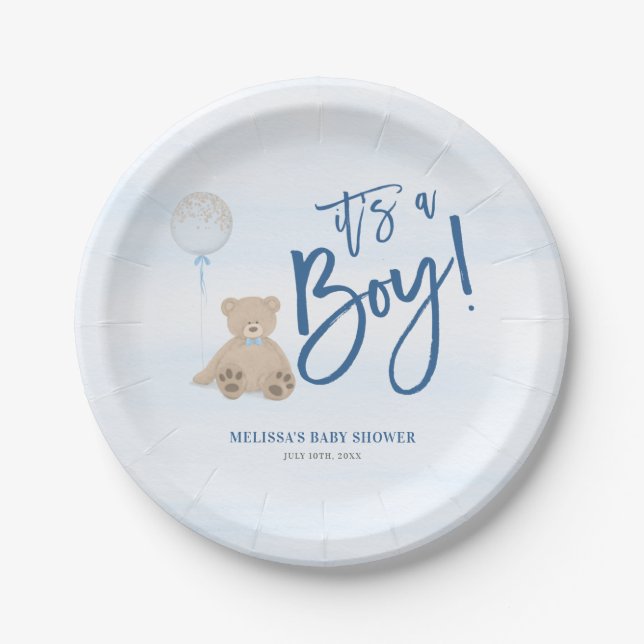 Plato De Papel Boy Teddy Bear Blue Balloon Baby Shower (Anverso)