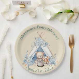 Plato De Papel Boy Teddy Bear, conejito en Teepee Tent Baby Showe