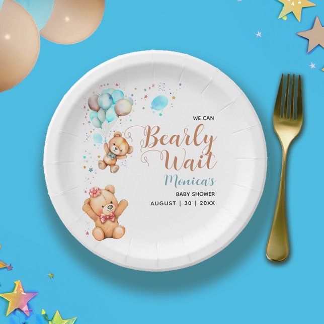 Plato De Papel Boy Teddy Bear Podemos Esperar A Baby Shower (Boy Teddy Bear We Can Bearly Wait Baby Shower Paper Plates)