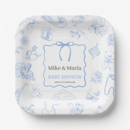 Plato De Papel Boy Toile De Jouy Blue Baby Shower