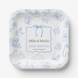 Plato De Papel Boy Toile De Jouy Blue Baby Shower