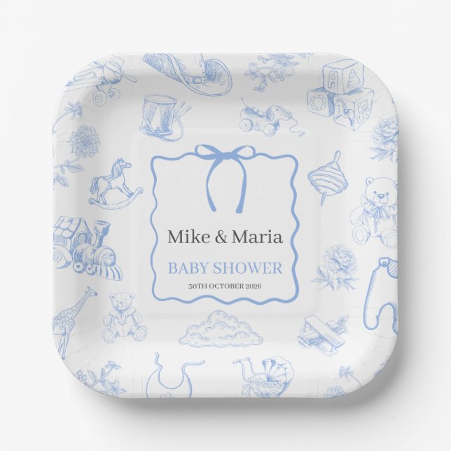 Plato De Papel Boy Toile De Jouy Blue Baby Shower (Anverso)