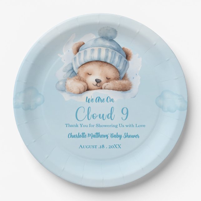 Plato De Papel Boys Bear Cloud Nueve 9 Baby Shower (Anverso)