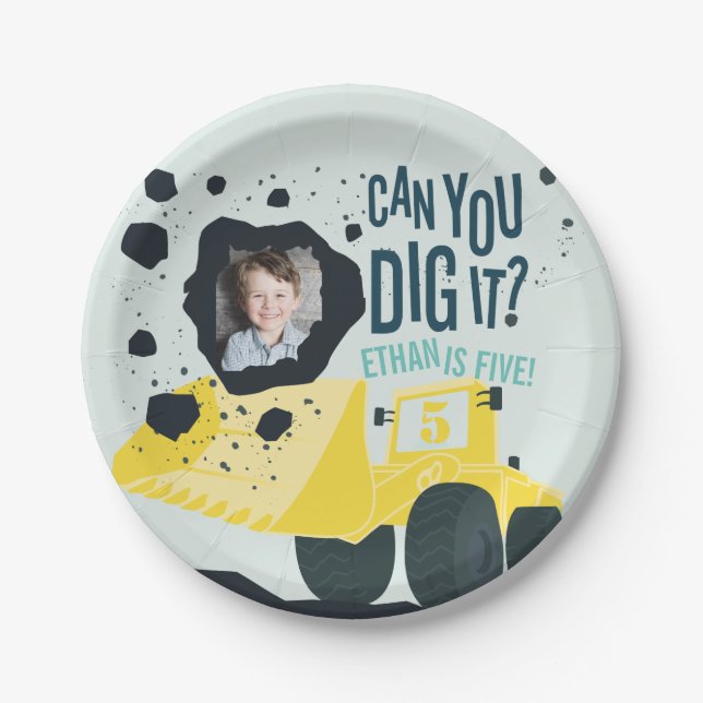 Plato De Papel Boys Birthday Construction Truck Blue Yellow (Anverso)