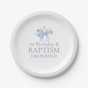 Plato De Papel Boys Blue Bow primer cumpleaños y bautismo