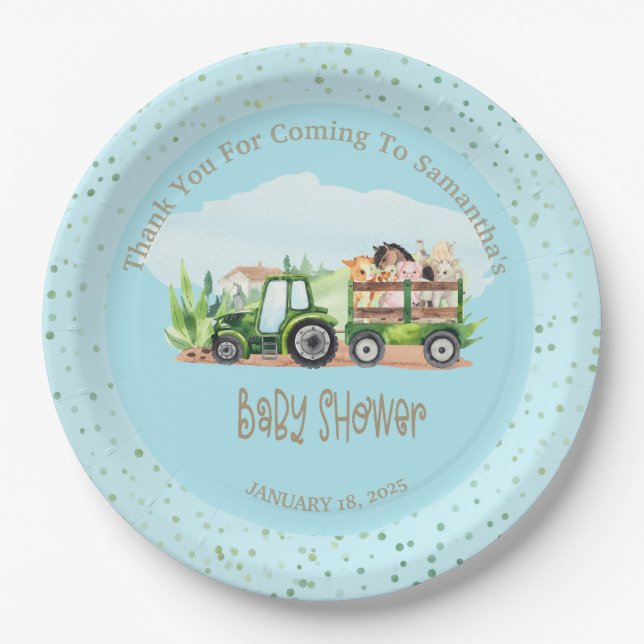 Plato De Papel Boys Blue Green Farm Animals Tractor Baby Shower (Anverso)