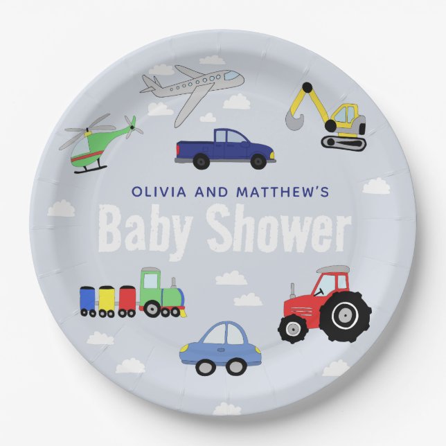 Plato De Papel Boys Cute Blue Travel Car Baby Shower (Anverso)