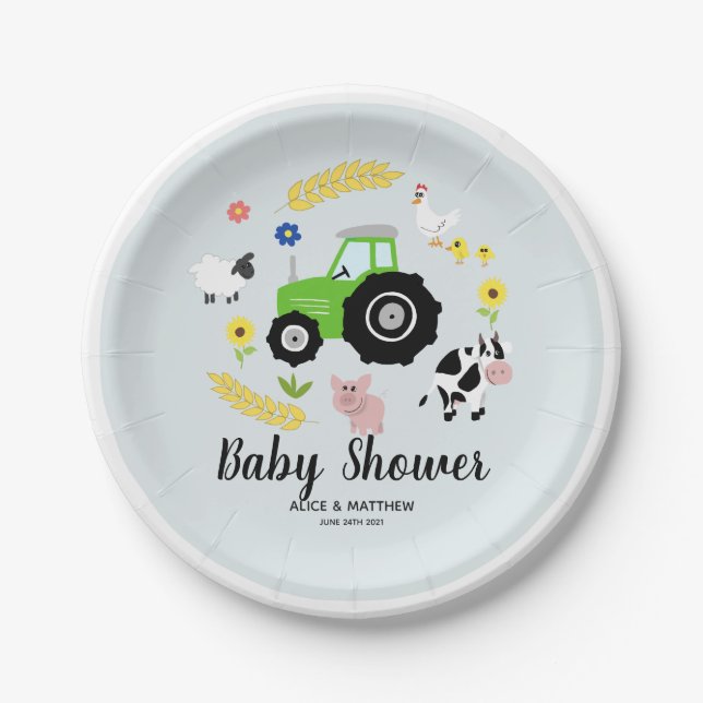 Plato De Papel Boys Cute Farm Animales Green Tractor Baby Shower  (Anverso)