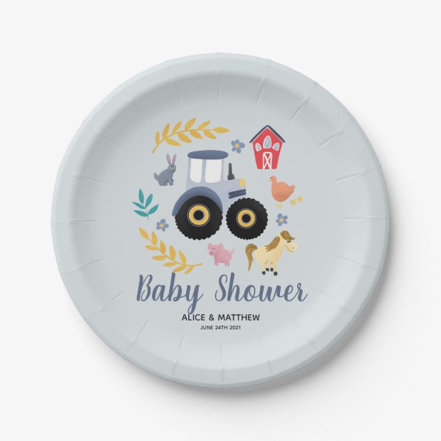 Plato De Papel Boys Cute Farm Animals & Blue Tractor Baby Shower (Anverso)