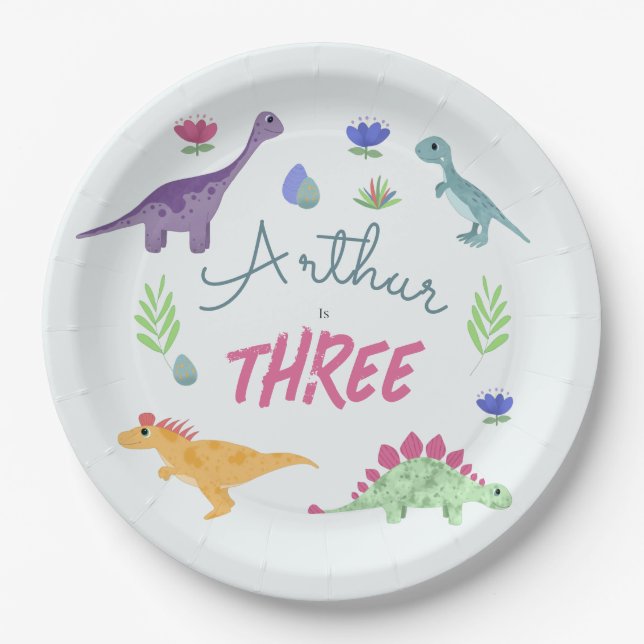 Plato De Papel Boys Cute Jungle T-Rex Dinosaur Cumpleaños (Anverso)
