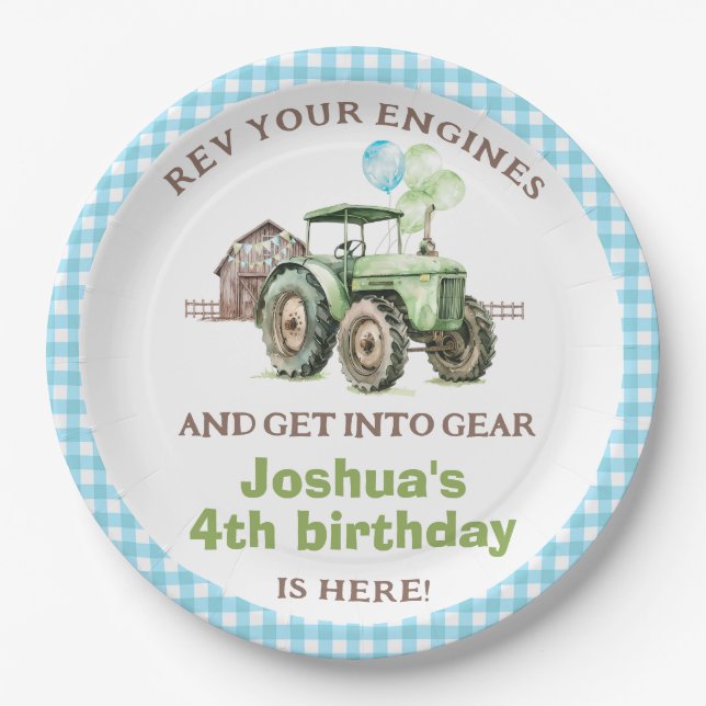Plato De Papel Boys Green Blue Balloons Tractor Cumpleaños (Anverso)