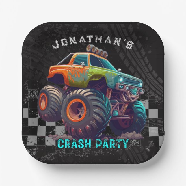 Plato De Papel Boys Monster Truck Rally Birthday Party (Anverso)
