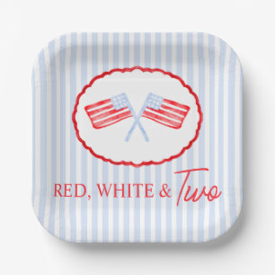 Plato De Papel Boys Preppy Blancos Rojos y Dos Cumpleaños Patriót