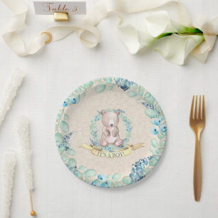 Plato De Papel Boys Watercolor Floral Baby Bear Baby Shower