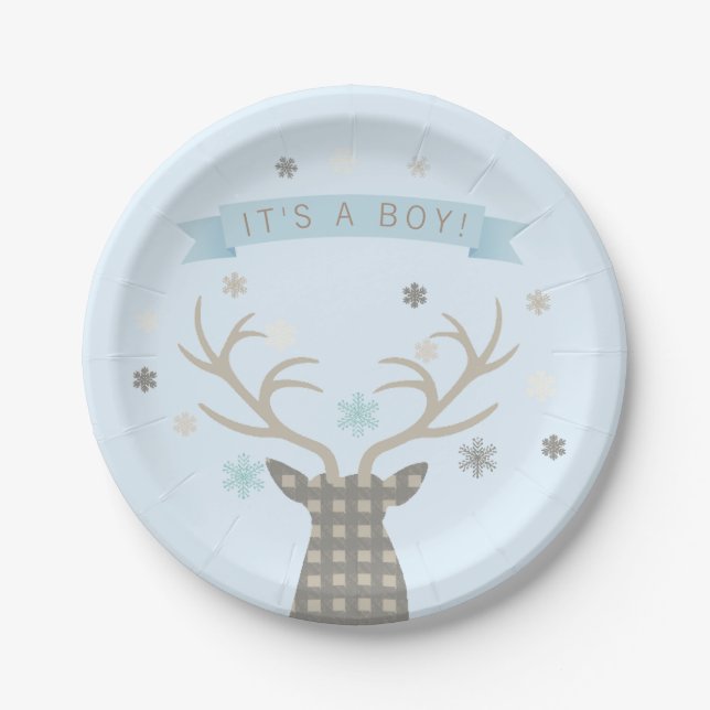 Plato De Papel Boys Winter Wonderland Woodland Deer Baby Shower (Anverso)