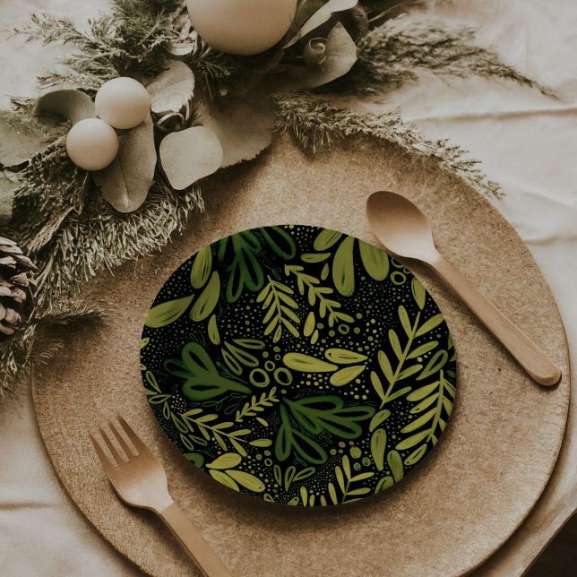 Plato De Papel Bramble Evergreen | Placas botánicas festivas (Deep Green Bramble | Festive botanical holiday party paper plates)