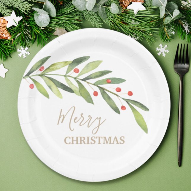 Plato De Papel Branch Berries sobre Navidades blancos (Subido por el creador)