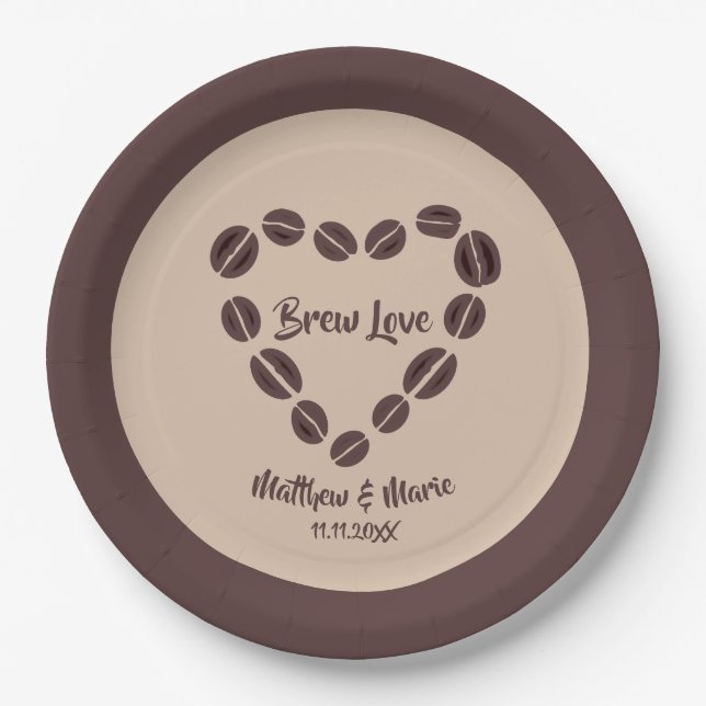 Plato De Papel Brew Love Coffee Bean Heart (Anverso)