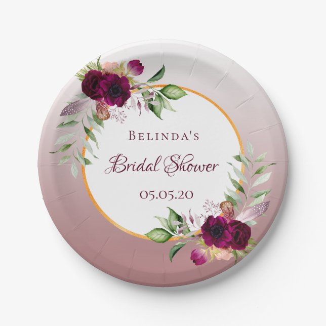 Plato De Papel Bridal Shower florals burgundy canela rosa blanco (Anverso)