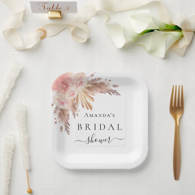 Plato De Papel Bridal Shower pampas pasto rosa oro floral (Boda)