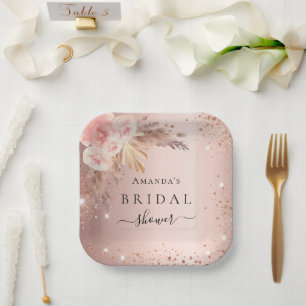 Plato De Papel Bridal Shower pampas pasto rosa oro floral