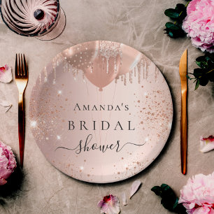 Plato De Papel Bridal Shower rosa globo purpurina oro glam