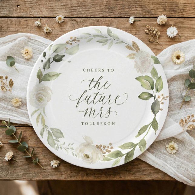 Plato De Papel Bridal Shower White Floral Greenery (Botanical watercolor flowers bridal shower paper plates in sage green for the bride to be)