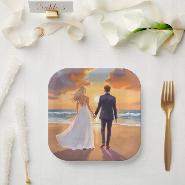 Plato De Papel Bride & Groom Beach Wedding Watercolor (Boda)