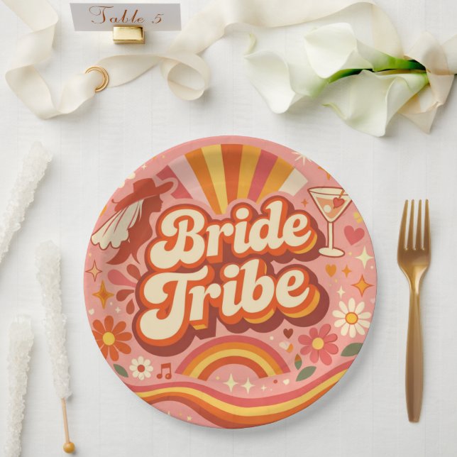 Plato De Papel Bride Tribe Retro Fiesta de Despedida Groovy (Boda)
