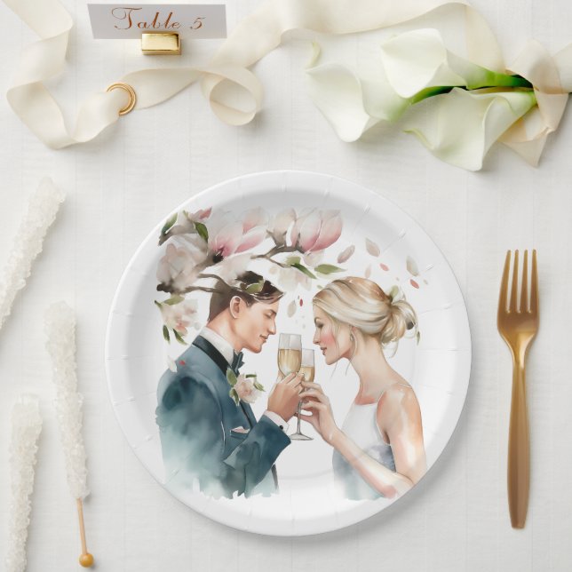 Plato De Papel Bride y Groom Champagne Magnolias (Boda)