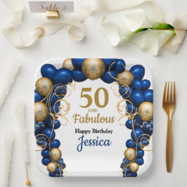Plato De Papel Bright Blue and Flat Gold Birthday Party