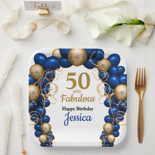 Plato De Papel Bright Blue and Flat Gold Birthday Party (Boda)
