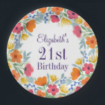 Plato De Papel Bright Floral 21st Birthday<br><div class="desc">Colores divertidos y vibrantes adornan este plato de papel personalizado para su fiesta de cumpleaños número 21 (o 30,  40,  etc). Estos florales fueron creados con acuarela y irán con todo tipo de esquemas de color. ¡Feliz celebración!</div>